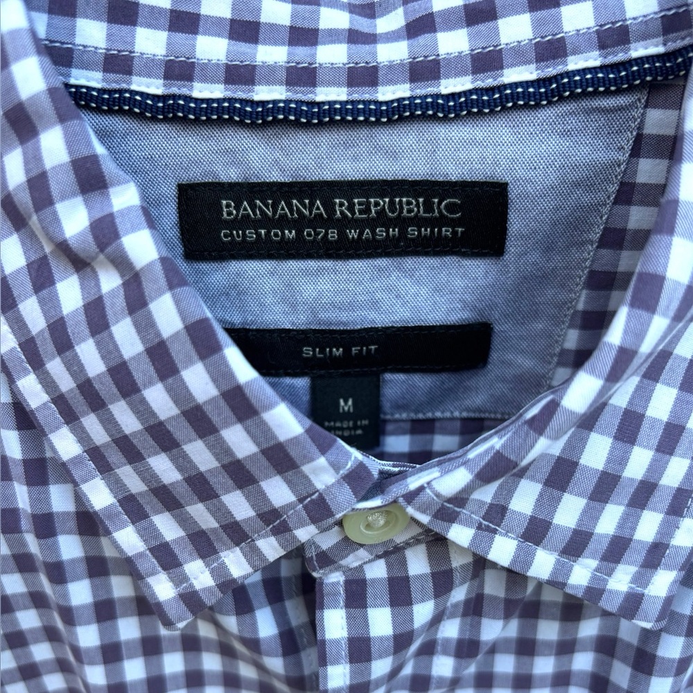 Banana Republic Custom 078 Wash Gingham Button Down Shirt Purple White Slim M